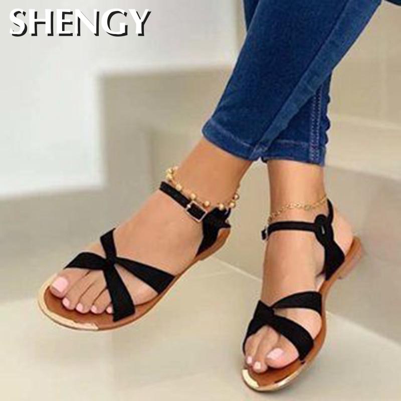 summer women's sandals open toe beach cross straps ladies one-word buckle roman flat shoes