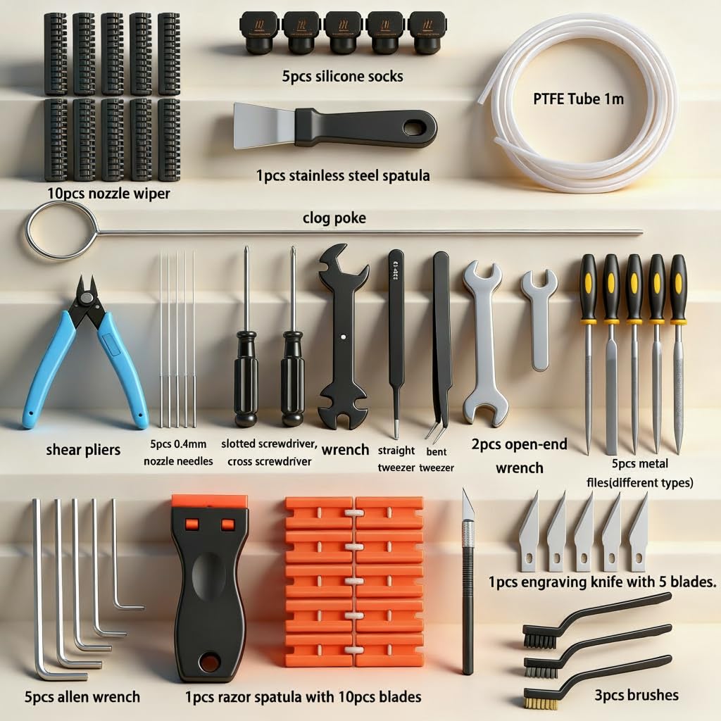 61Pcs 3D Printer Tools Kit for Bambu Lab A1, A1 Combo, 3D Printer Accessories Includes Noozle Wiper, Silicone Sock, Clog Poke, PTFE Tube, Nozzle Clean