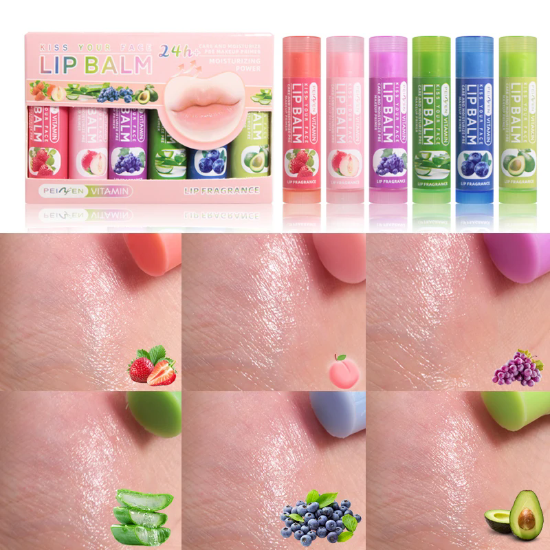 6PCS Multi Fruit Flavors Moisturizing Hydrating Base Lip Balm Set Makeup Lip Care Daily Care Balm for Women and Men 6Pcs Set