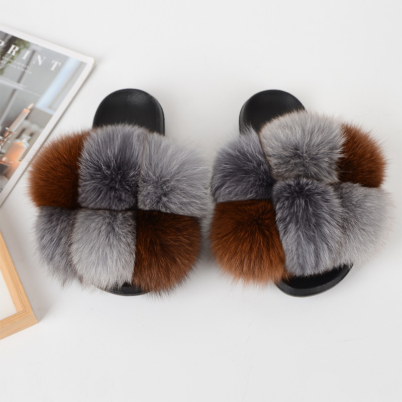 Fur Slippers Women Furry Slides Summer Fluffy Slippers House Shoes Woman Real Fur Slides Home Women's Fur Fox Slippers