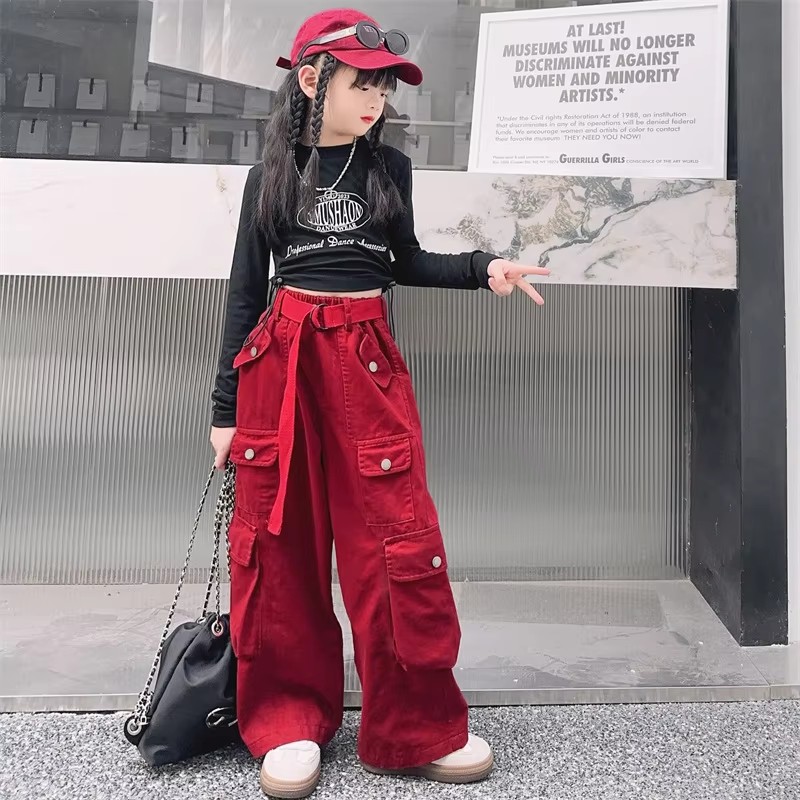 Girls Cargo Pants Loose Casual Fashion Children Trousers Pockets Design Trendy Cool Streetwear Teen Kids Pants 13 14 Years