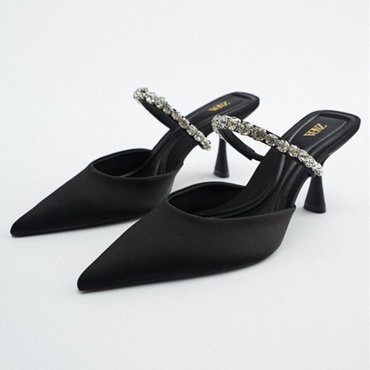 za Ladies High Heel Sandals Summer New Pointed Toe Stiletto Black Sexy Ladies Sandals Rhinestone Sequins Big Size Slippers