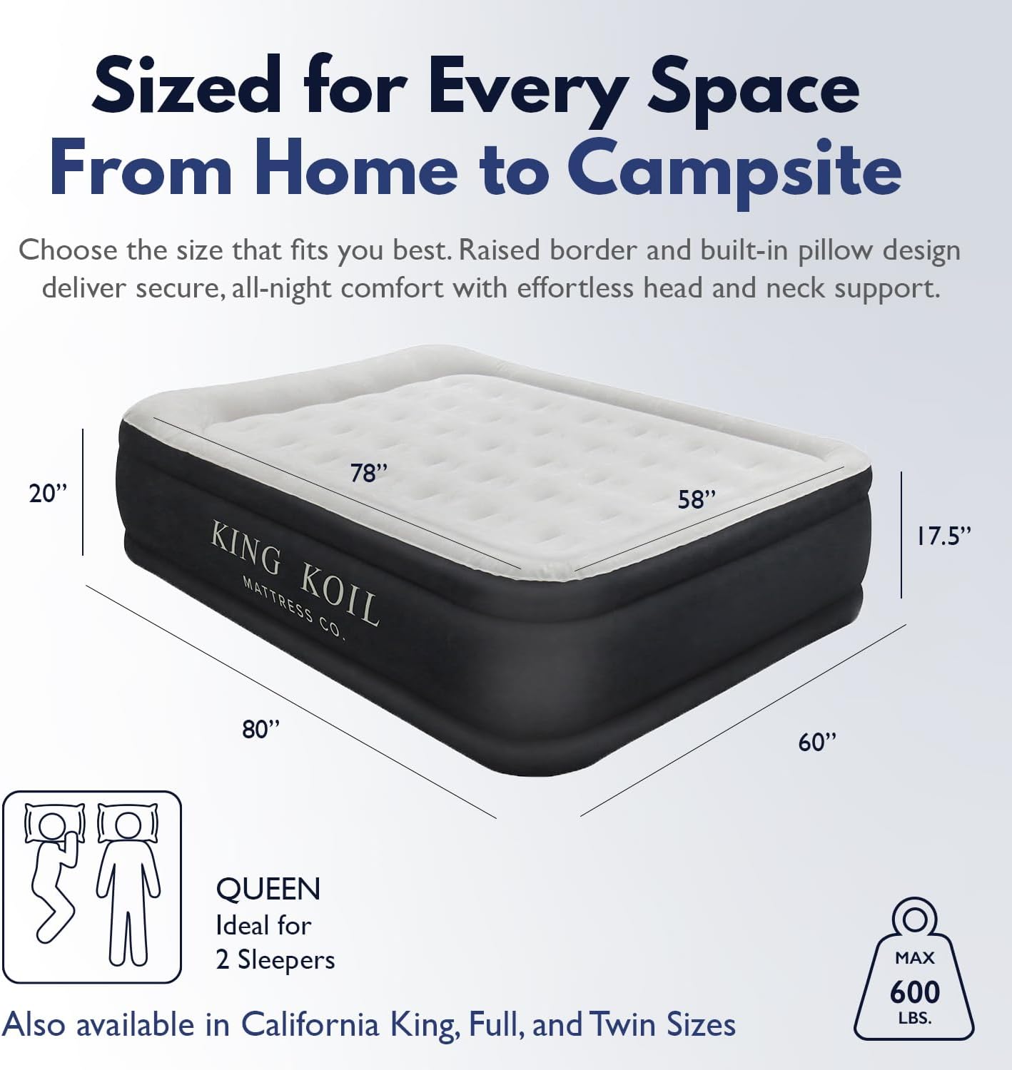 King Koil Luxury Pillow Top Plush Queen Air Mattress with Built-in High-Speed Pump Best for Home, Camping, Guests, 20" Queen Size Double Airbed Adjust