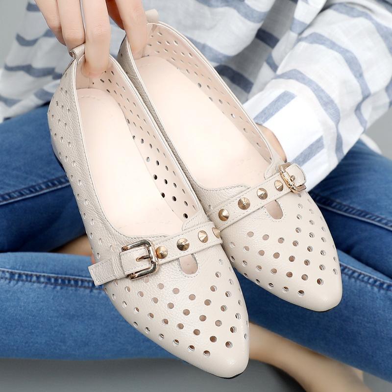 Women's Spring Hollow out Soft Bottom Sandals Breathable Anti-Slip Rubber Sole Comfortable Slip-On Shoes for Middle-Ag