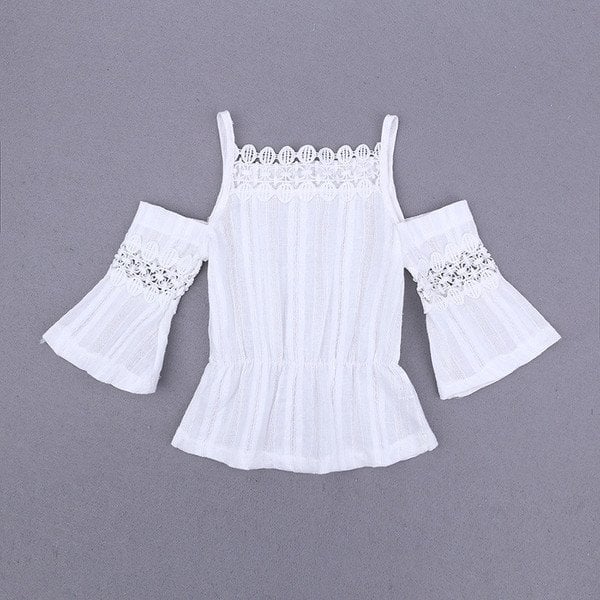 Girls fashion creative pure white openwork lace sling sleeves shirt rose embroidered denim pants suits