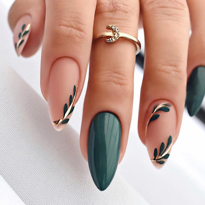 24PCS Fake Nails With Double-sided glue Almond Shape Color Wave Detachable French Stick on Nails Coffin Flame Press on Nails Art