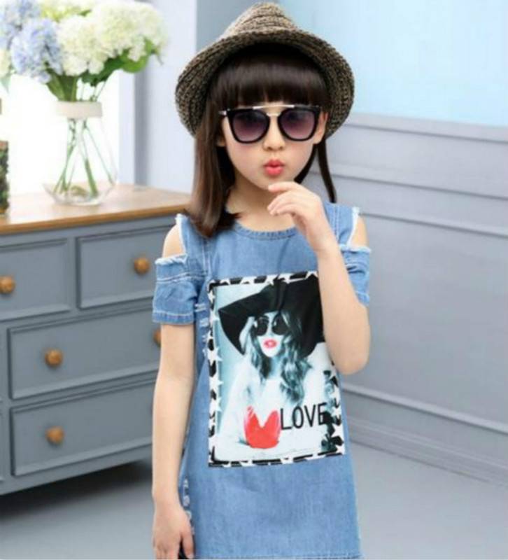 Children Dresses For Girls Denim Dress Summer Strapless Dress Pattern Girls Clothing Short Sleeve Child Clothes Denim T-Shirts