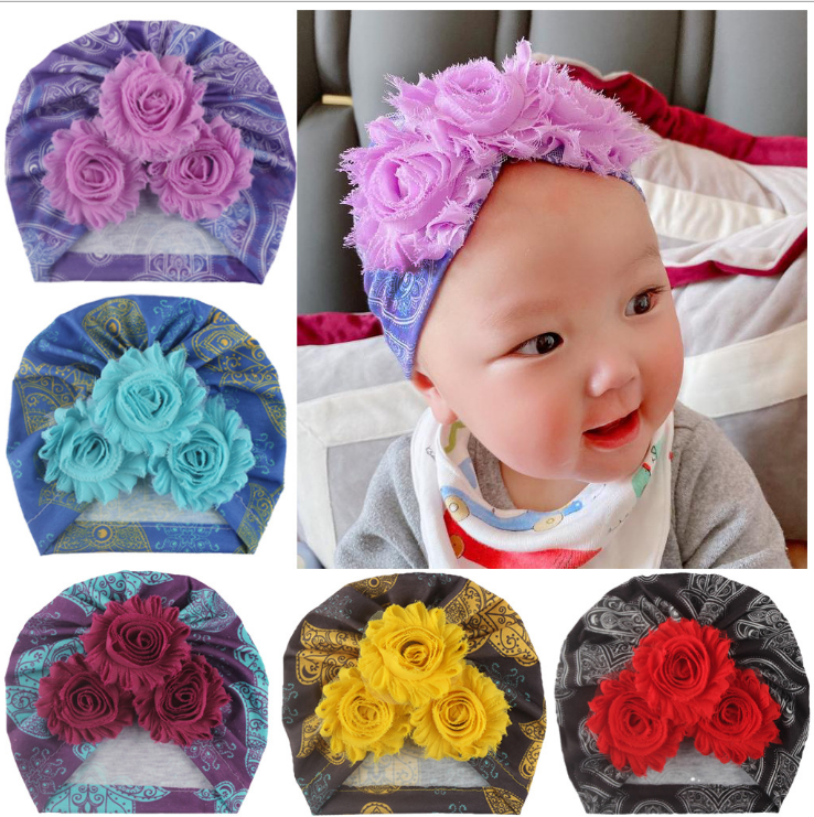 New baby accessories children's printed cap baby solid color flower Pullover hat