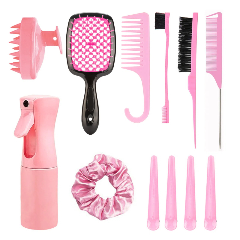 12pcs Complete Hair Styling Comb Set - Versatile Detangling & Teasing Combs, Edge & Rat Tail Brushes, Scalp Massager, Spray Bott