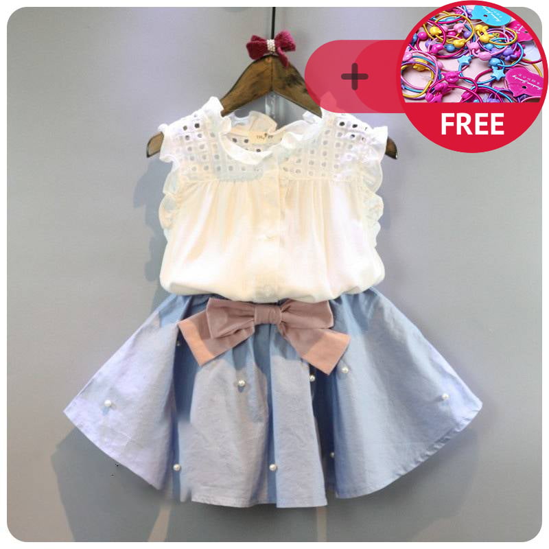 Buy 1 get 1 Kids Clothes for Girls The Bow Skirt and Lace Top Summer Suit Korean Style Children's Clothing Sets Baby Toddler