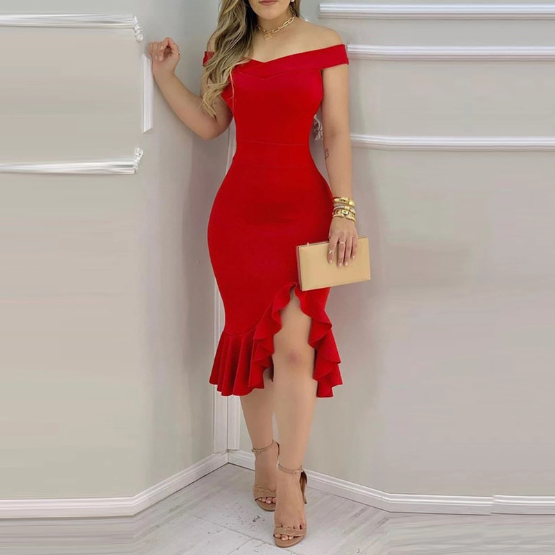 Dress Ladies Fashion Sexy Dress Elegant Fashion Solid Color Dress Plain Strapless Ruffled Loose Slit Hem Party Dress