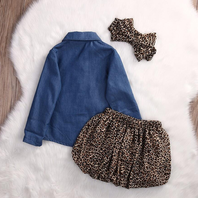 Toddler Baby Girls Dress Denim Shirt+Leopard Skirt+ Headband Kids Clothes Set