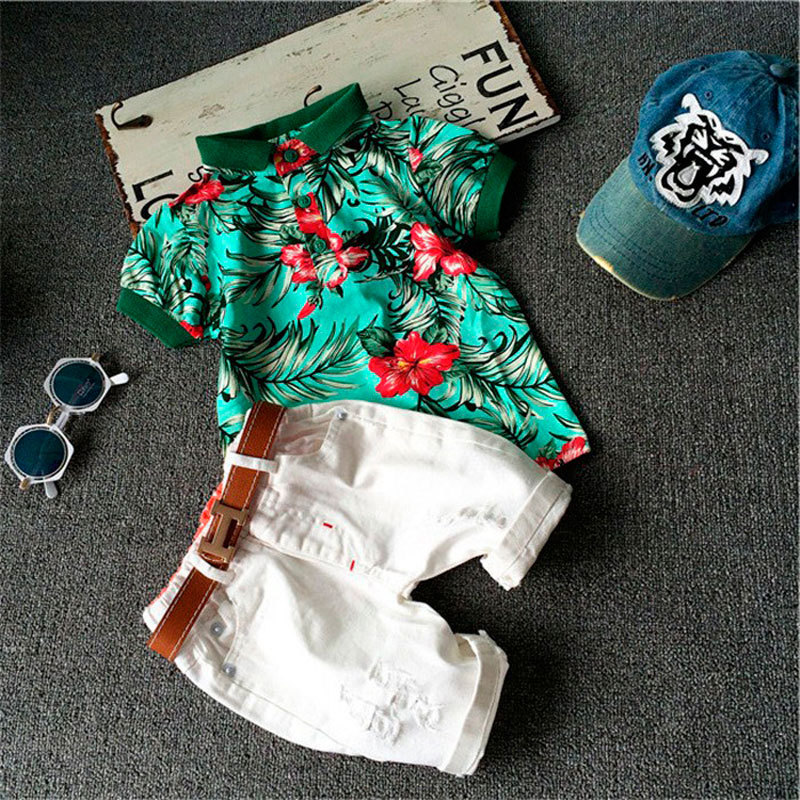 2 Pieces Of Children'S Clothing Set, Flower T-Shirt Top And Shorts Set (Excluding Belt)