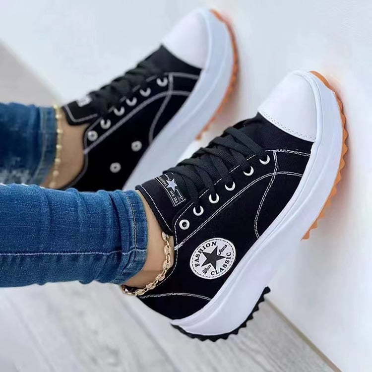 Women's casual single shoes large thick sole solid color lace up canvas shoes women