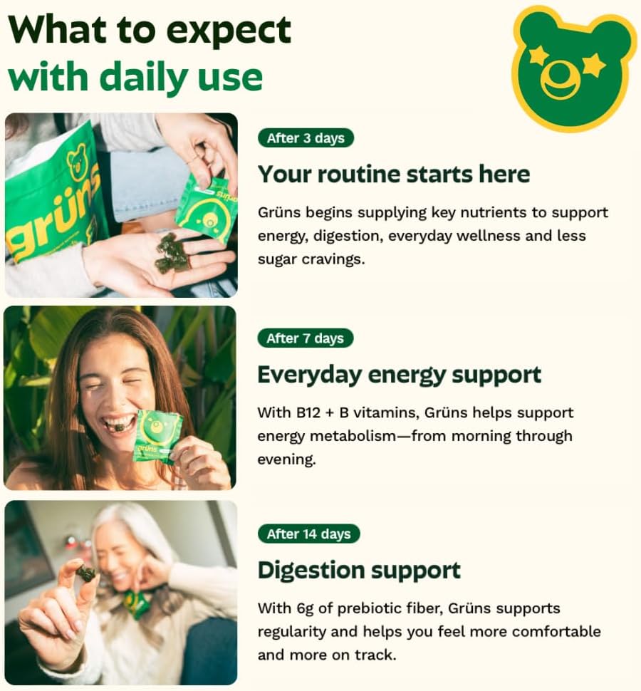 Gruns Adult Super Greens Multivitamin Gummies, Superfood Gummy Vitamins for Women and Men with Spirulina, Chlorella, Adaptogens & Prebiotic Fiber for