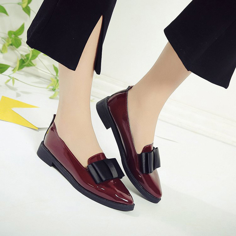Spring Flats Women Shoes Bowtie Loafers Patent Leather Elegant Low Heels Slip On Footwear Female Pointed Toe Thick Heel &
