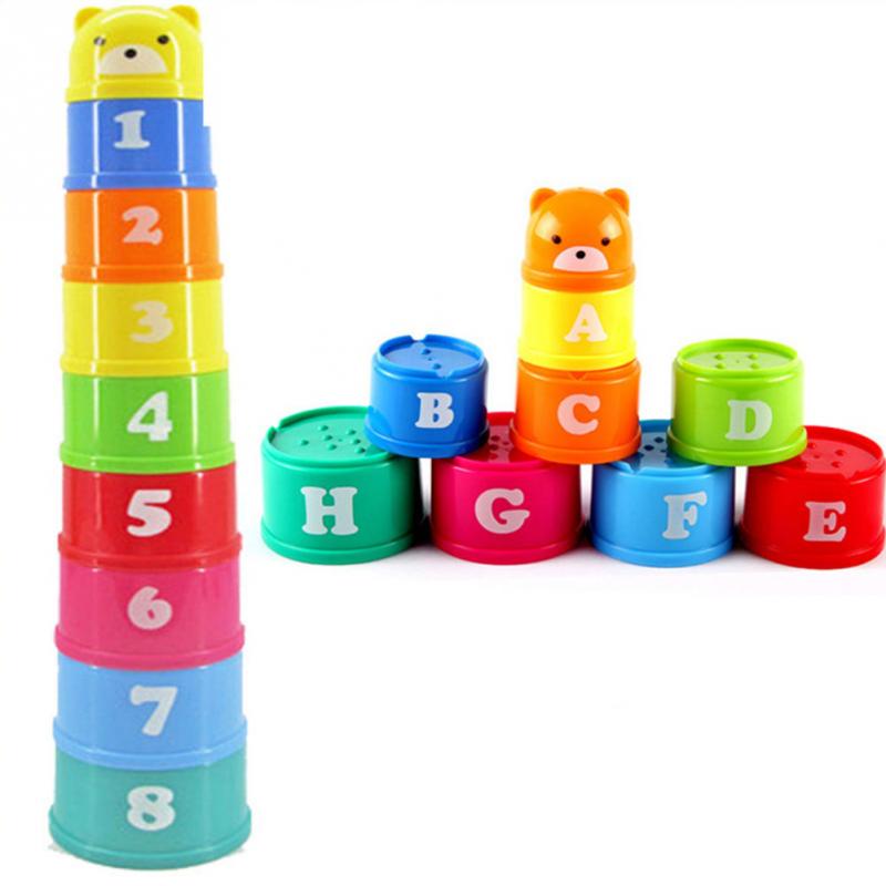 Christmas Gift 9Pcs/set Excellent Baby Children Kids Educational Toy New building Puzzles Figures Letters Folding Cup Pagoda