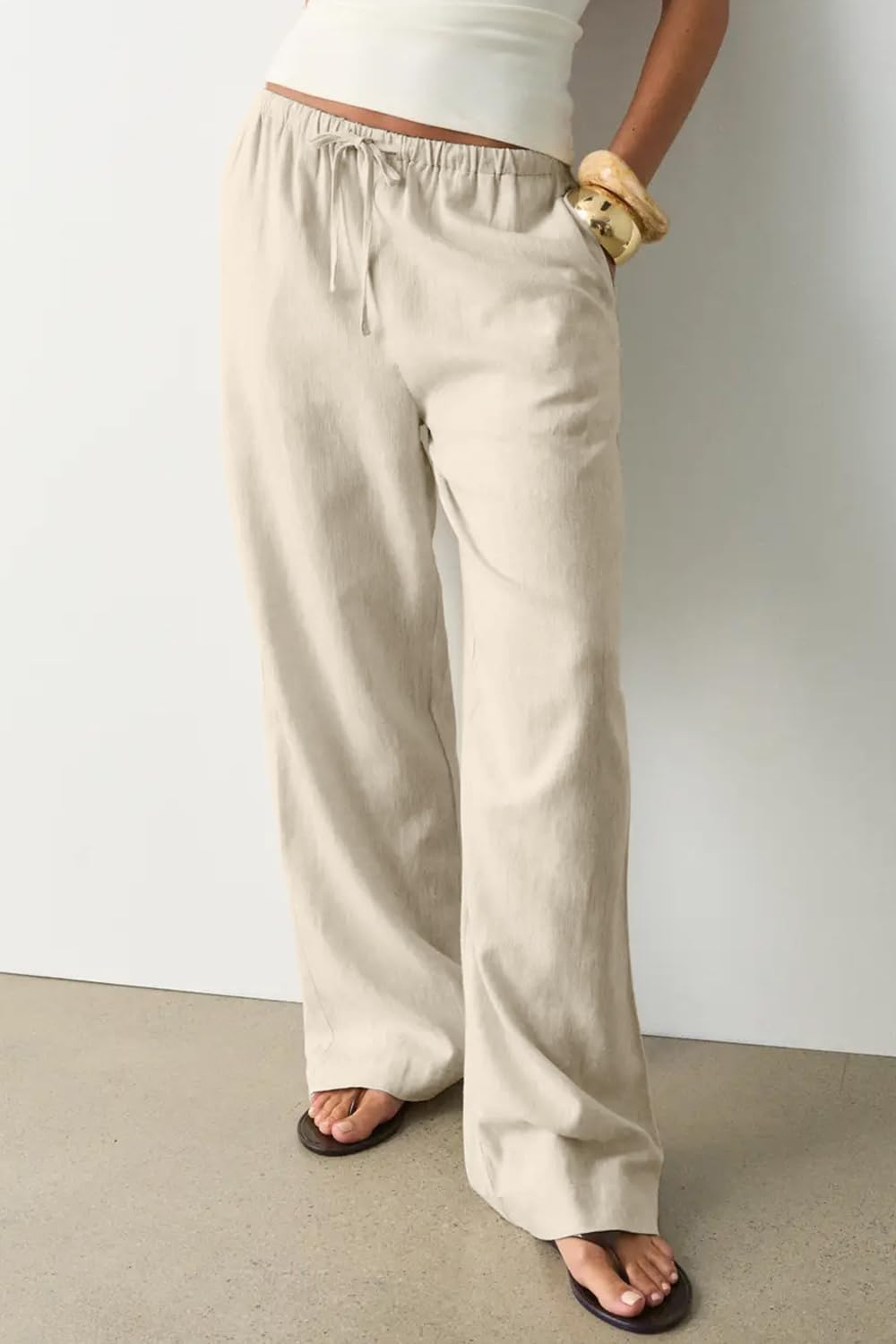 CHYRII Women's Summer Casual Wide Leg Pants Cotton Linen Palazzo Pants Beach Vacation Outfits Trouser with Pockets