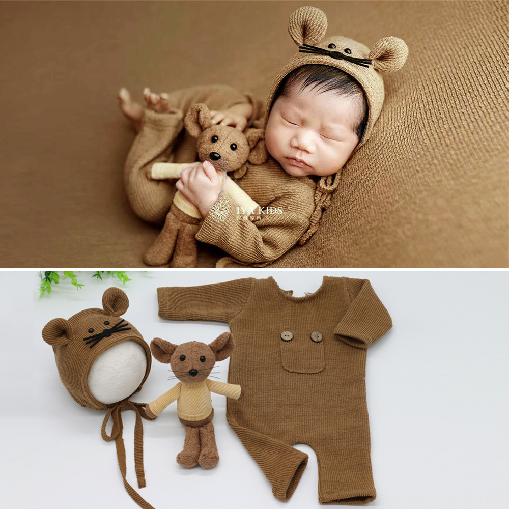 Newborn Photography Clothing Baby Soft Knitted One Piece+Hat+Doll Mouse Three Piece Set