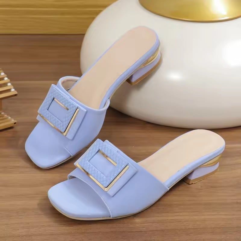 Women's 2025 Summer Korean Edition Fashion Heel Cool Slippers Square Buckle Fish Mouth Slippers