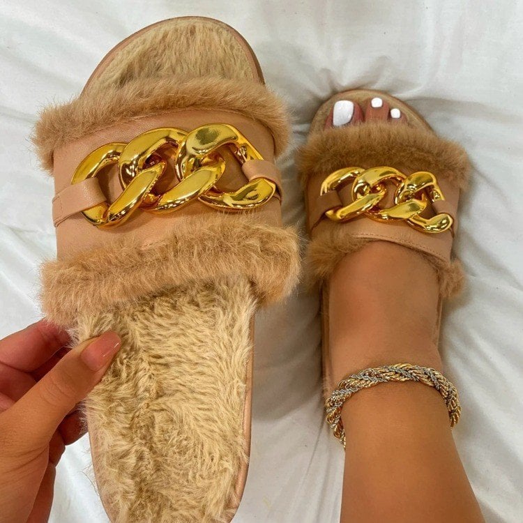 2023 Winter Plush Slippers Fashion Open Toe Solid Color Women's Sandals Metal Chain Outdoor Casual Women's Shoes Fashion Shoes