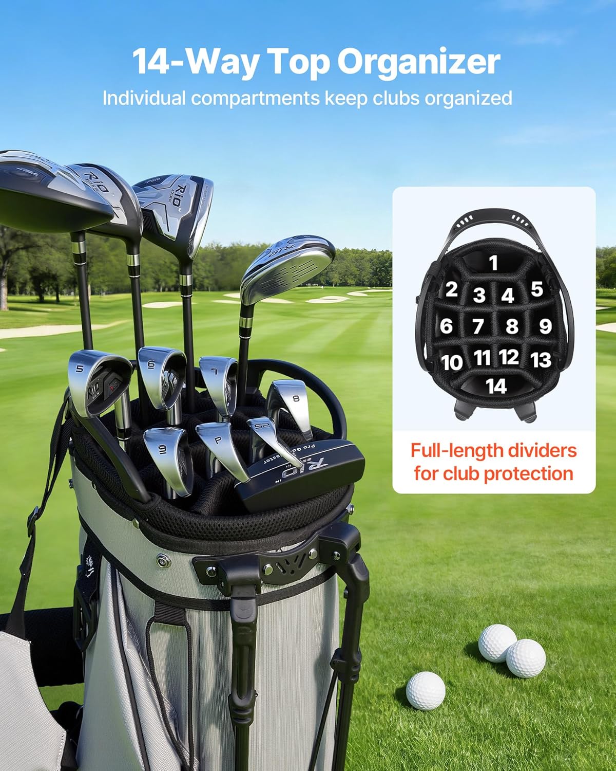 VEVOR Golf Cart Bag, 15/14/7 Way Top Divider Organizer, 2-in-1 Golf Club Bag with Full-Length Divider, Dual Shoulder Straps, Support Legs, Rain Hood,