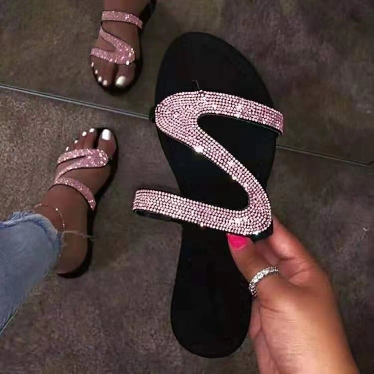 Women's Rhinestone Decor Slide Sandals Bohemian Style Sandals Flatform Open Toe Shoes