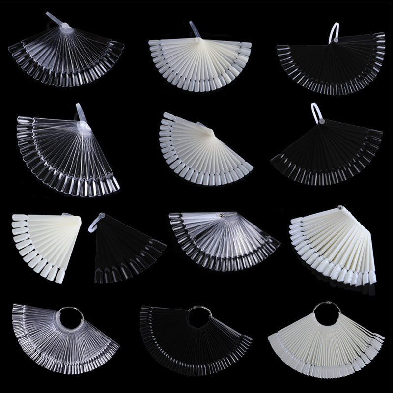 50pcs 1Set False Nail Tips Nature Clear Black Fan Finger Full Card Nail Art Display Practice Acrylic UV Gel Polish Tool Manicure
