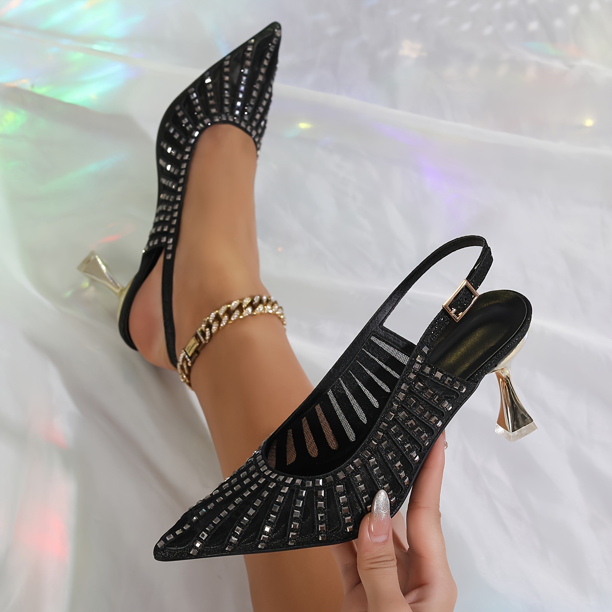 Sharp pointed rhinestone elegant women's high heels solid color simple silver high heels sandals wedding party shoes