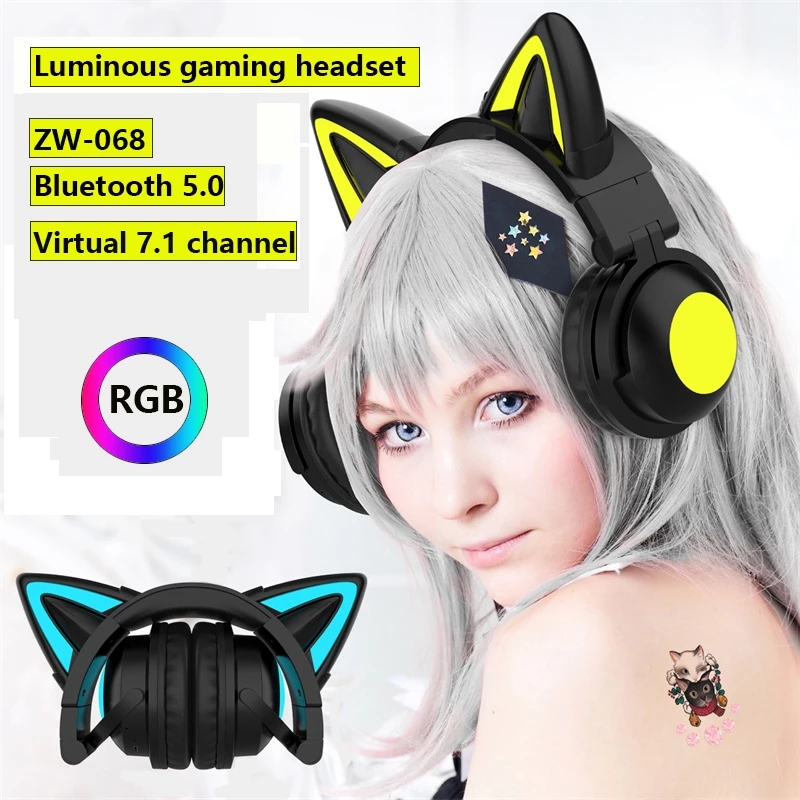 Cat Ear Wireless Bluetooth Headphone7.1 Channel StereoMusic Game Earphone WithBilateral Mic Noise Reduction HeadsetsCasque audio
