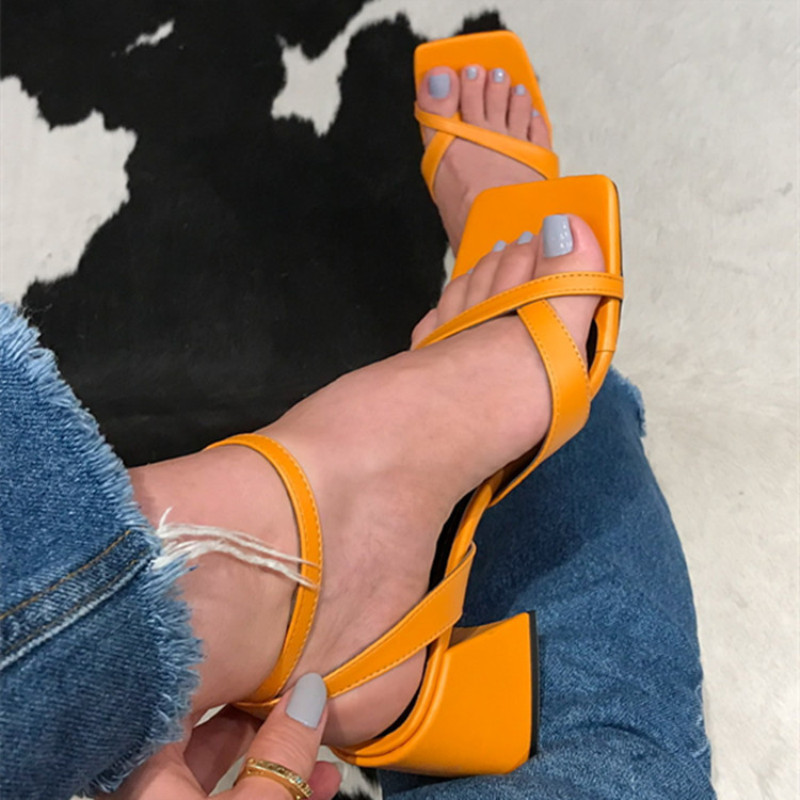 2023 New European and American Foreign Trade Large Heel Slip-Toe One Button Sandals for Women Amazon Hollow Square Head High Hee
