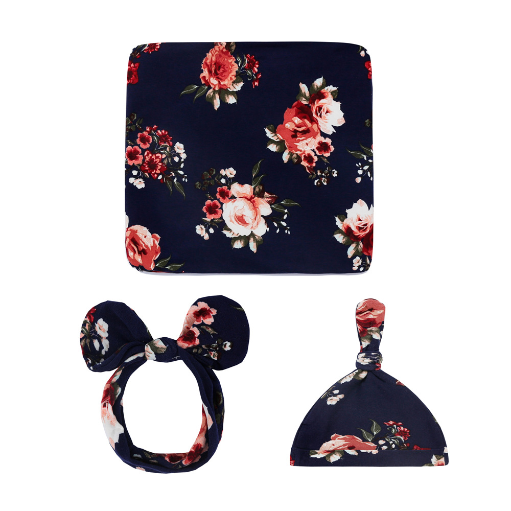 Newborn Printed Wrap Scarf Tire Cap and Headband Three-Piece Set