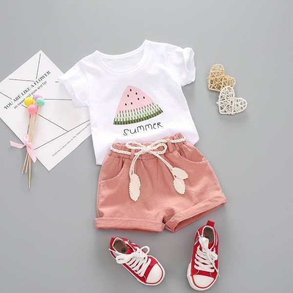Summer girls short-sleeved watermelon print cotton suit baby kids cartoon clothing set