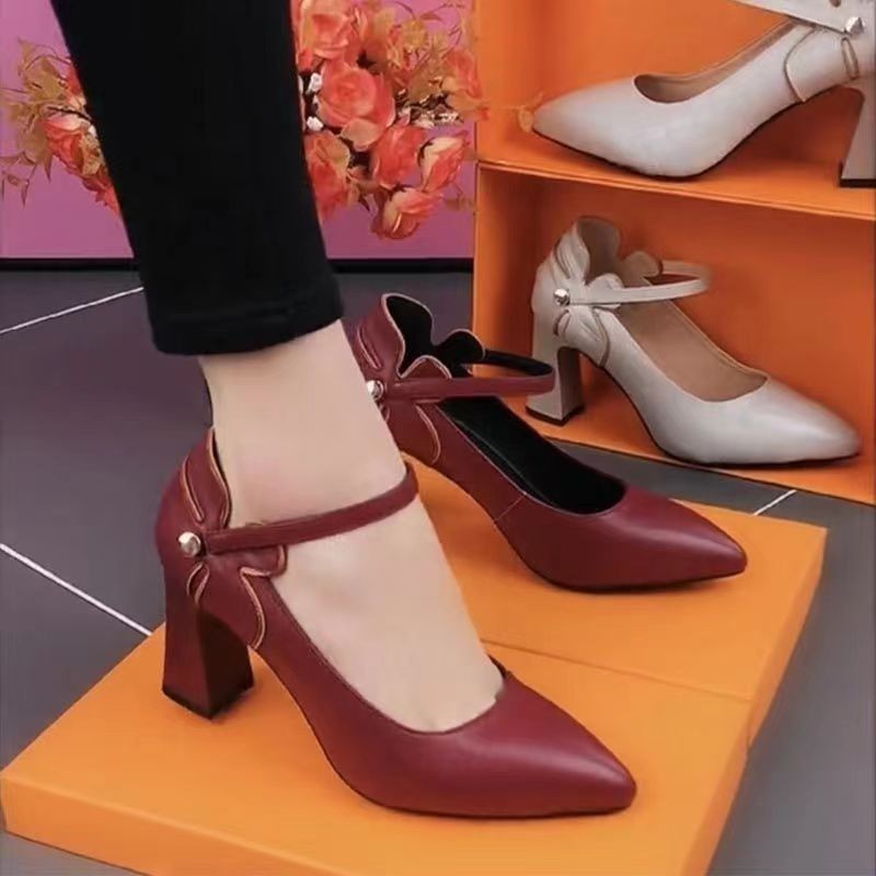 Fashion Pointed High Heels Women's Shoes Spring New Straight Line with Thick Heel Temperament Women's Fashion Shoes