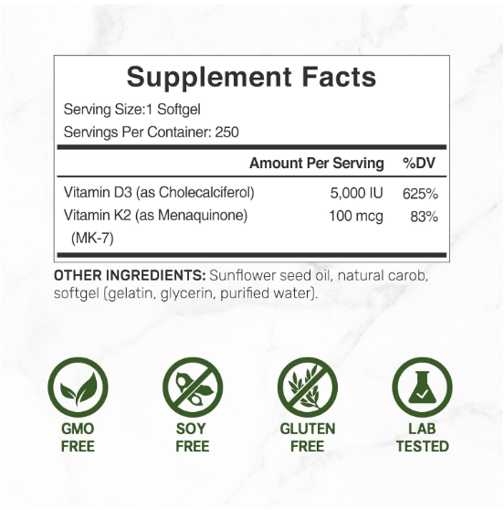 D3+K2 Vitamin 2-in-1 Virgin Coconut Oil Complex Supplement Softgels (250-Count)