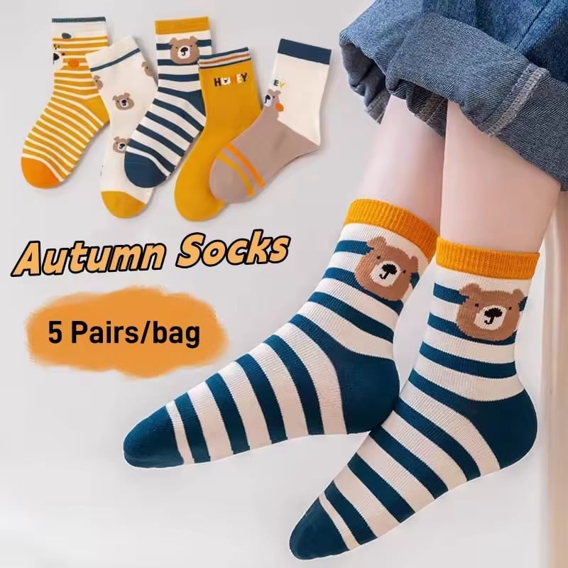 5Pair Autumn and winter children's socks, versatile Korean style socks for boys and girls, mid tube baby sports socks