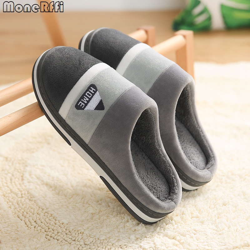 Warm Cotton Slippers For Men Winter Home Wear-Resistant Stripe Non-slip Indoor Slides Couple Women Shoes Classic Men Slippers
