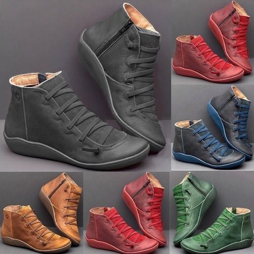 Ankle Boots Autumn Vintage Lace Up Women Shoes Comfortable Flat Heel Boots Female Zipper Short Boots Dropshipping