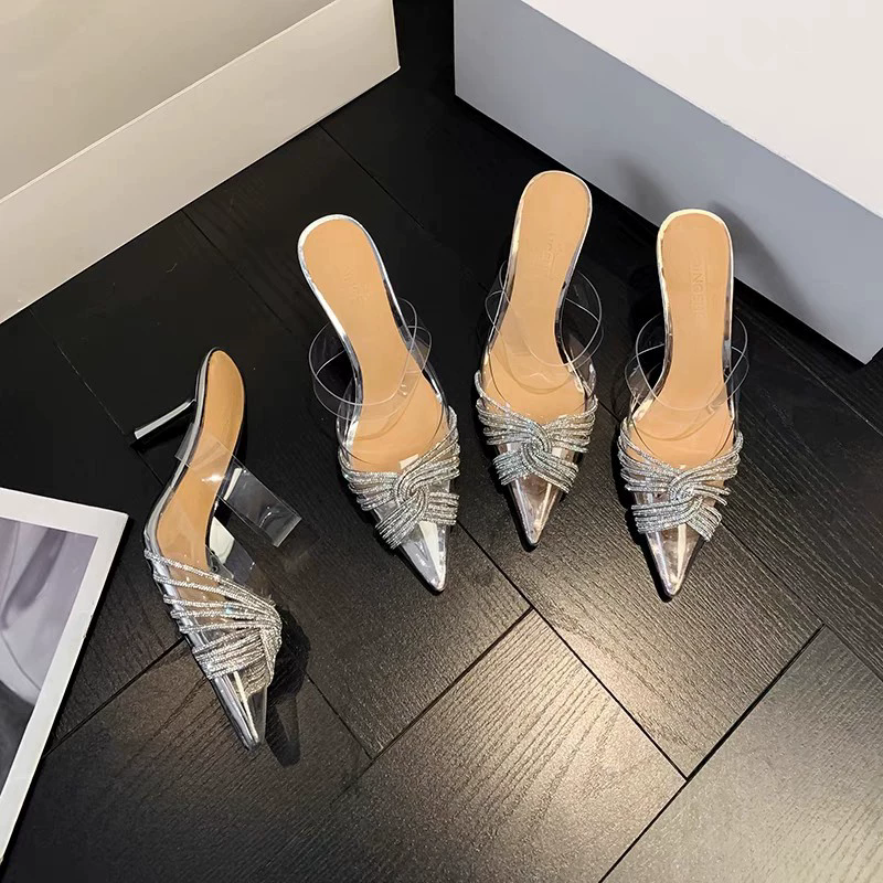 Ladies' Sweet Banquet Wedding Shoes PVC Transparent Sandals with Crossed Headbands and Diamond High Heels