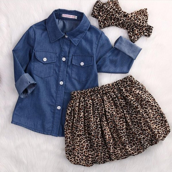 Toddler Baby Girls Dress Denim Shirt+Leopard Skirt+ Headband Kids Clothes Set