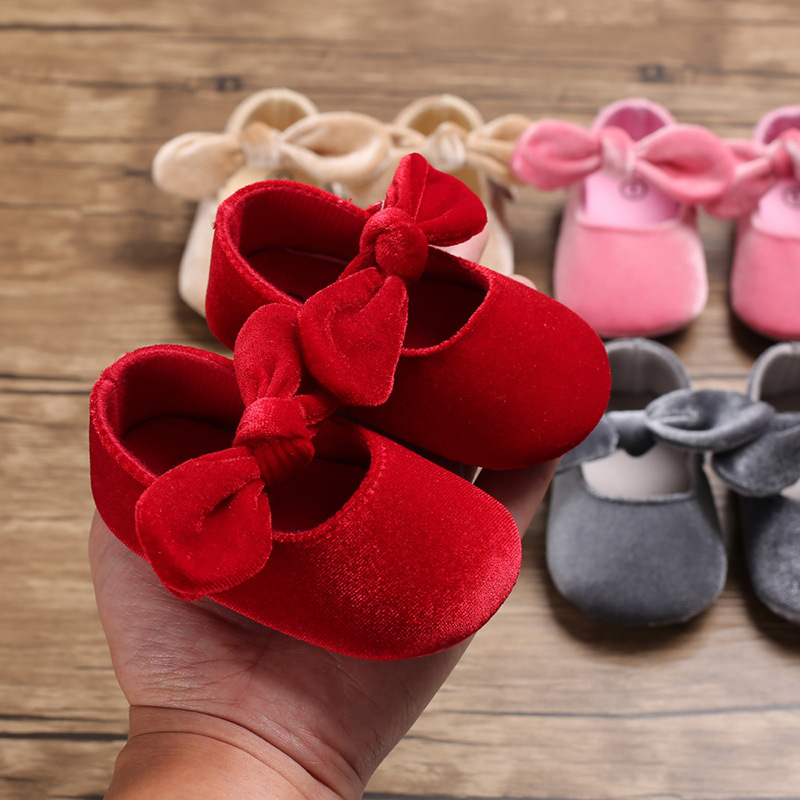 Spring and Autumn 0-1 years old female baby bow solid color princess soft bottom shoes non-slip Velcro baby toddler shoes