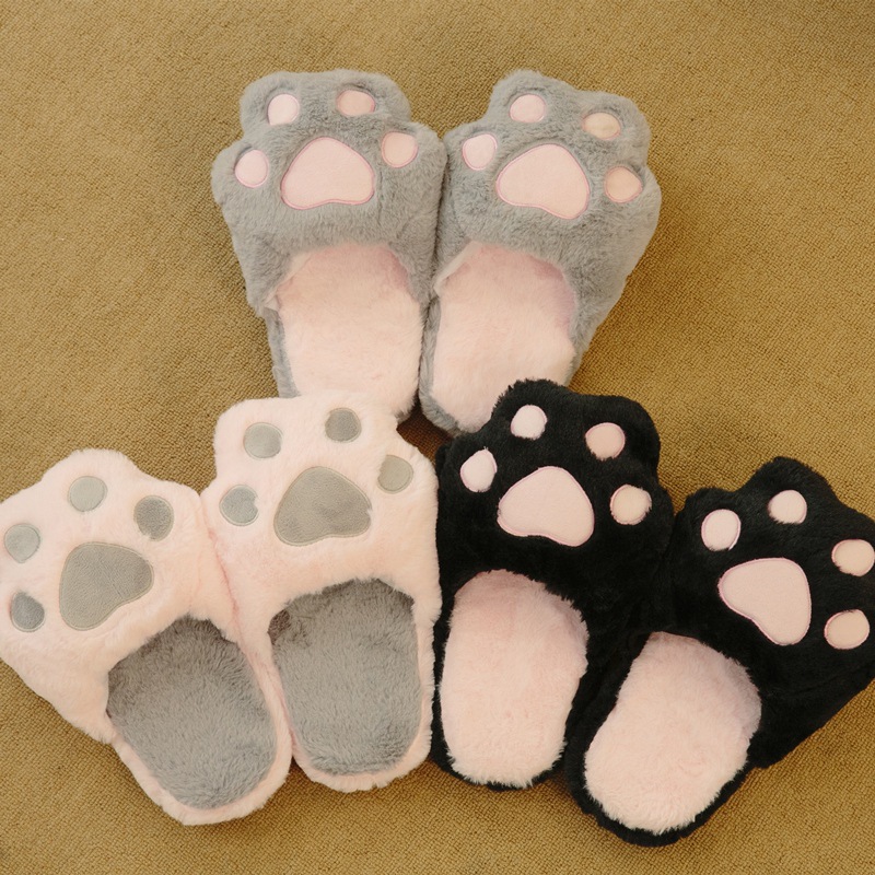 Cotton slippers female simulation rabbit fur cat paw slippers indoor home plush non-slip shoes cute home furry slippers