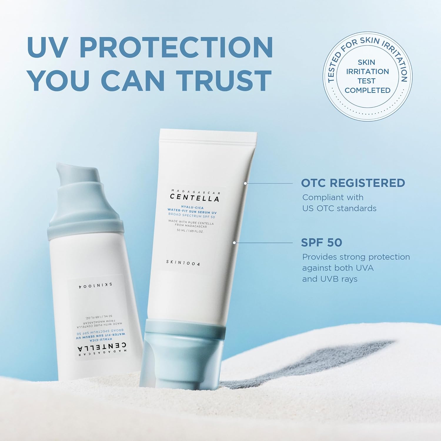 SKIN1004 Centella Hyalu-Cica Water-Fit Sun Serum UV, Korean Sunscreen SPF 50, Centella Sunscreen, Travel Essentials, Sunscreen with Hyaluronic Acid, N