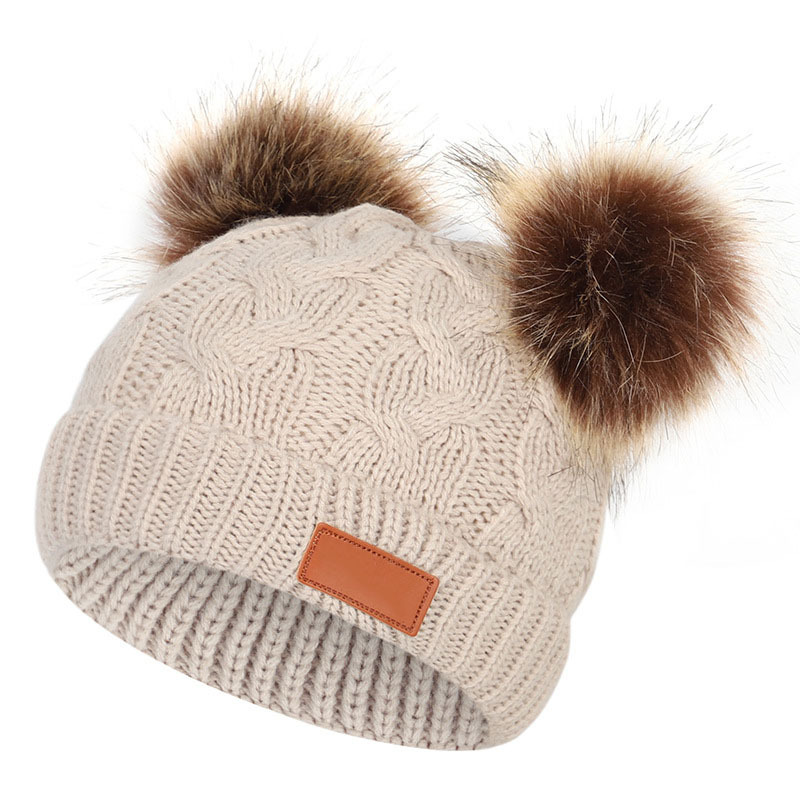 Double hair ball cute 1-4 year old children's knitted hat for autumn and winter new style cotton warm baby hat hood cap