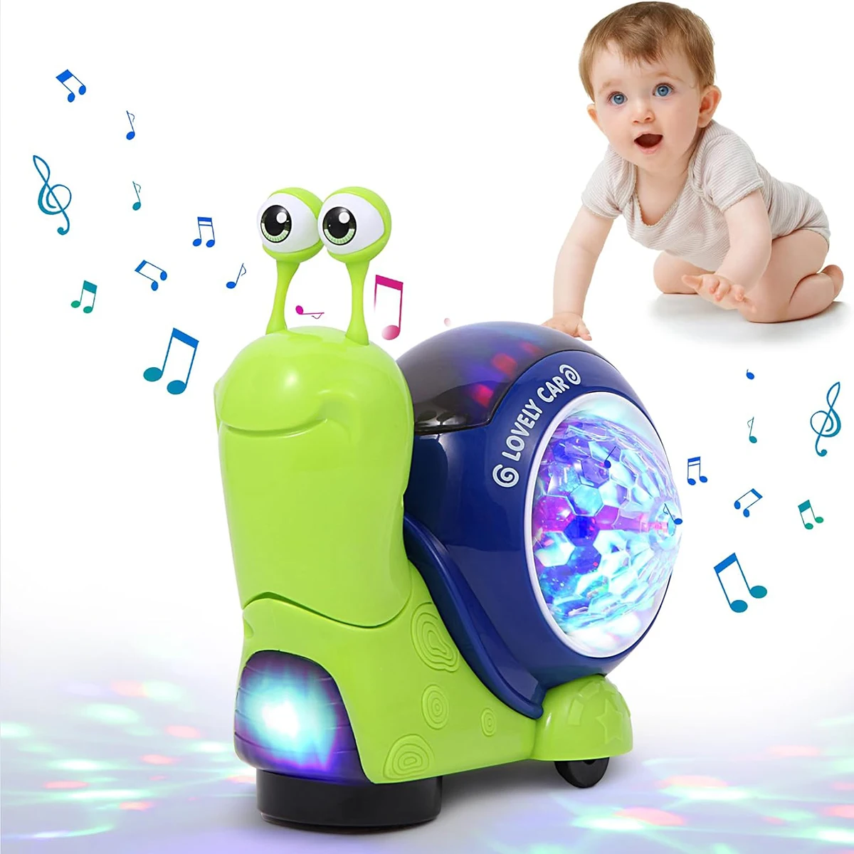 1PC Crawling Snail Baby Toy, Walking Tummy Snail Toy for Babies, Interactive Musical Light up Crawling Toys (Green snail)