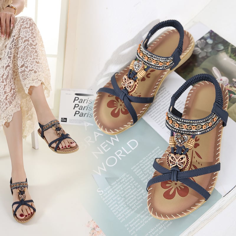 Women's Boho Style Flat Sandals RhinestoneButterfy Rivet Decor Elastic Strap Shoes CasuaSlip On Sandals