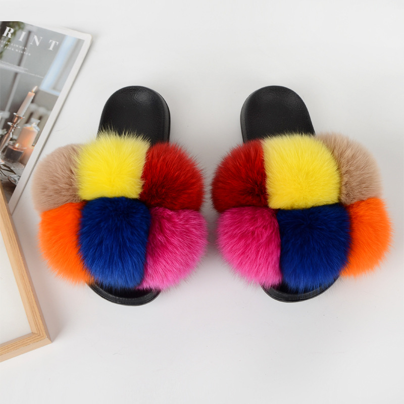 Fox Hair Slippers Women Fur Home Fluffy Sliders Plush Furry Summer Flats Sweet Ladies Shoes Large Size 45 Cute Pantufas