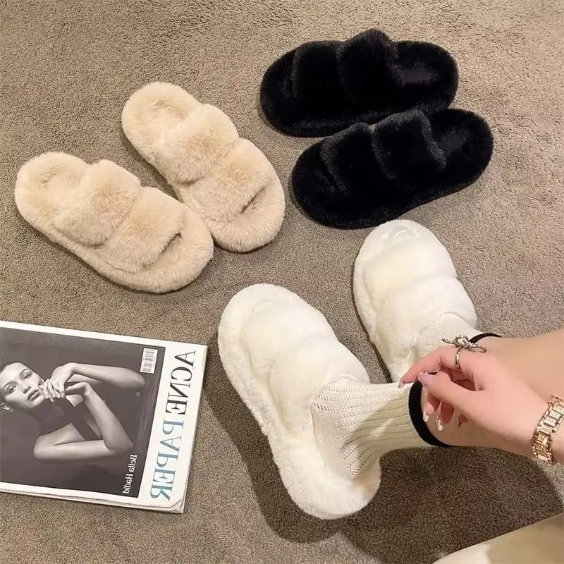 2025 Winter Keep Warm Women Fur Furry Slippers for Home Fluffy Soft Indoor Slides Thick Flats Heel Non Slip Indoor House Shoes