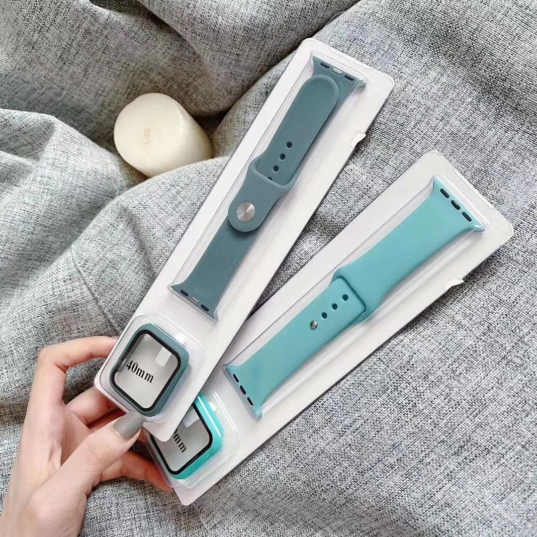 Glass+Case+band For Apple Watch bands 44mm 40mm 45mm 41-38mm 42mm Silicone sport bracelet iWatch series10 8 9 7 6 5 4 3 SE strap