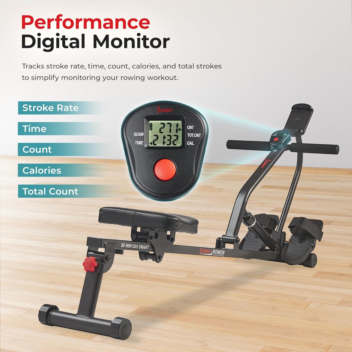 Sunny Health & Fitness Compact Adjustable Rowing Machine with 12 Levels of Resistance for Complete Body Workouts and Optional Free SunnyFit App Enhanc